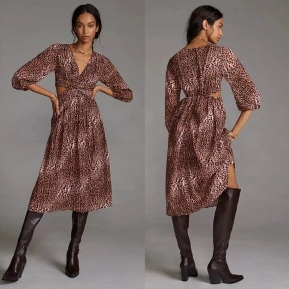 Anthropologie Ranna Gill Midi Dress M NWT Leopard Print Cut Out Puff Party Fall - Picture 2 of 14